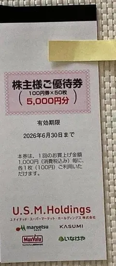 マルエツ いなげや 5000円分 ユナイテッドスーパーマーケット 株主優待券のサムネイル