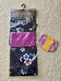 【新品・美品】上品浴衣3点セット （帯、巾着ポーチ付き）帯リバーシブルのサムネイル
