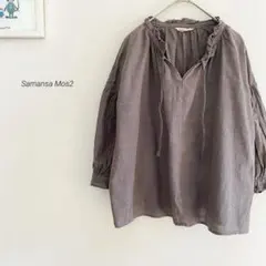 Samansa Mos2 フリルネックシャドウチェック柄ブラウス五分袖8091