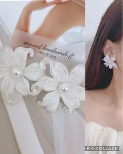 再販♡立体フラワーホワイトオーロラピアスイヤリング