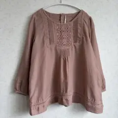 レース ブラウス ピンタック ナチュラル くすみピンク M ゆったり 春 古着