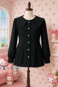 新品タグ無し大きいサイズ4L 黒 レースセーラー襟大きな襟付きシャツ／管A9