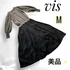 【vis】ドッキングニットワンピース プリーツスカート　M オリーブ×ブラック