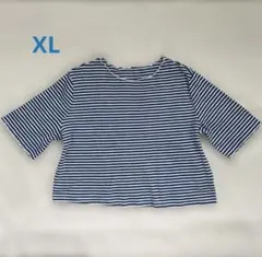XL 半袖 リブ ボーダー カットソー ショート 短丈 クロップド丈 青