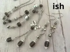 【C088】ishスモーキークォーツ・リボンチャームネックレス＆ピアス