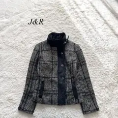 E6【J&R】ウールジャケット　チェック　ツイード風　黒　綺麗　クール　上品
