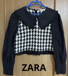 ZARA チェック柄 フリル襟 長袖トップス