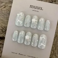 【現品】ネイルチップ/韓国/量産型/ワンホンネイル/ミントグリーン/リボン