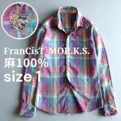 フランシストモークス 麻100% チェック ワイヤー入 長袖シャツ サイズ1のサムネイル