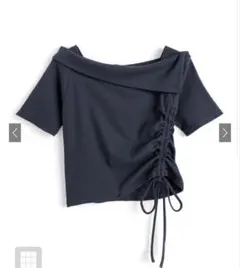 GRL オフショルダー シャーリングTシャツ ネイビー