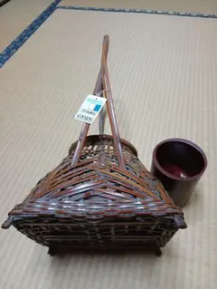 竹籠 花入 手付き 華道具 茶道具　竹工芸品　竹那斎作　骨董