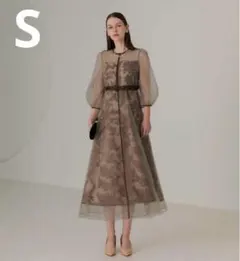 【LEJA】チュールパイピングリーフベルトAラインドレスワンピース