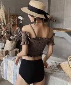 【新品タグ付き】　オフショルダー　ハイウェスト　セパレート水着　ココアブラウン