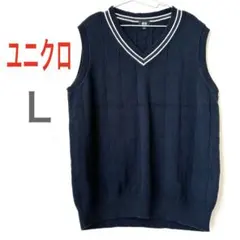 UNIQLO メンズ ニットベスト L 紺 Vネック ストライプ編み シンプル