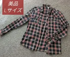 美品 H&M チェック柄 長袖シャツ メンズ ネイビー レッド Lサイズ