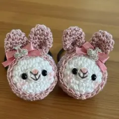 あみぐるみヘアゴム♡うす紫&ピンクラメのしましまずきんうさぎちゃん♡