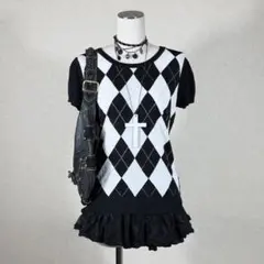 y2k アーガイル半袖ニット ダークコア ダークコケット ホラゲ