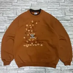 90s ジャージーズ スウェット 猫 紅葉 光沢プリント ブラウン ヴィンテージ