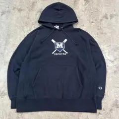 チャンピオン　リバースウィーブ　ベースボールロゴ　パーカー　古着　ネイビー　L