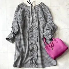 新品同様 ローズティアラ 大きいサイズ46洗える 千鳥フリルチュニックワンピース