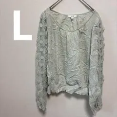 MIIA ミーア レース袖ドット柄ブラウス ライトグリーン　【L】　トップス