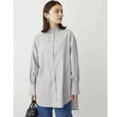 GreenParks イージーケアスタンドフリルシャツチュニック ストライプ