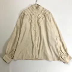昭和レトロレース長袖シャツブラウスフリルネック透け素材クリーム色古着