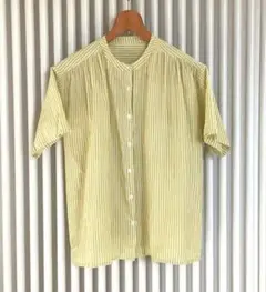 イエローと白　ストライプ　半袖　シャツ 綿100% M-L