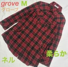 【ネル】【柔らか】人気grove 赤&黒チェック 長袖シャツM【リボン付】