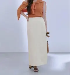 COHINA ストレッチリネンIラインスカート-short-S オートミール