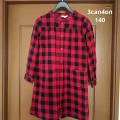 3can4on 赤黒チェック 長袖ワンピース 140
