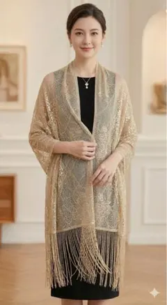 【美品】ゴールド ラメ＆レース ロングストール フリンジ付き 結婚式 パーティー