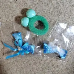 ヘアアクセサリー3点セット ヘアゴム リボン ドット柄 水色 グリーン