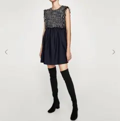 ザラZARA BASICツイード切り替えワンピースネイビー