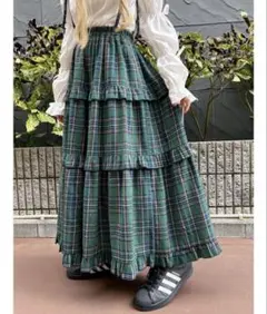 wc 2wayロングスカート グリーンチェック　キャミワンピ　ジャンスカ
