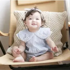 美品 衿刺しゅうロンパース プティマイン 衿刺繍