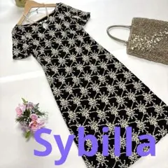シビラ★綿シアー素材★花柄刺繍のロングワンピース★サイズ40★黒×白