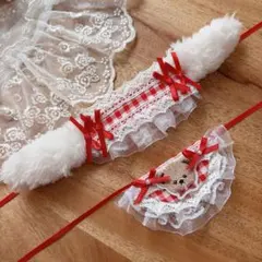 ハンドメイド うさみみ ヘッドドレス スタイ 赤 チェック柄 リボン