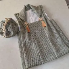 七五三３歳男の子正絹総絞り手縫いの被布と巾着（モスグリーン色）