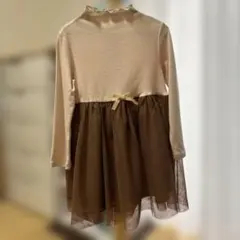 ワンピース 長袖 チュール ドレス ブラウン リボン 120