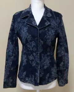 レディース花柄テーラードデニムジャケット　インディゴブルー　カジュアルジャケット