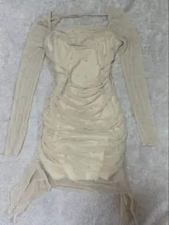 パール付き ワンピース ベージュ オフショル 長袖