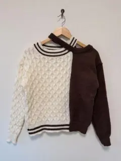 バイカラー 変形デザイン ニット ケーブル編み チョコブラウン x オフホワイト