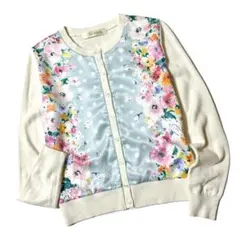 【美品】チェスティ　長袖　カーディガン　クルーネック　花柄　サテン切替　日本製のサムネイル