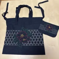 刺し子 椿柄 手提げバッグ ポーチ セットのサムネイル