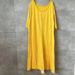 【ゆったり】ドット柄 ロングワンピース マスタードイエロー 半袖 楽ちん 部屋着