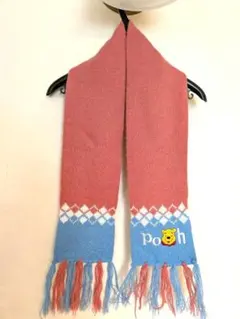 プーさん刺繍付きマフラー 長さ110cm ピンクブルー フリンジ付き 防寒