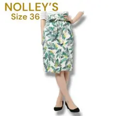 NOLLEYSノーリーズ　リーフ柄タイトスカート膝丈　グリーン　レディース36