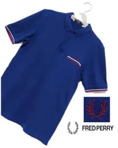 フレッドペリー◆メンズ　鹿の子半袖ポロシャツ◆青　トリコロール◆スリムフィット