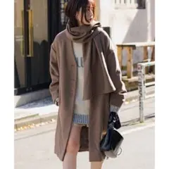 Kastane マフラー付き ロングコート ノーカラーコート ウール